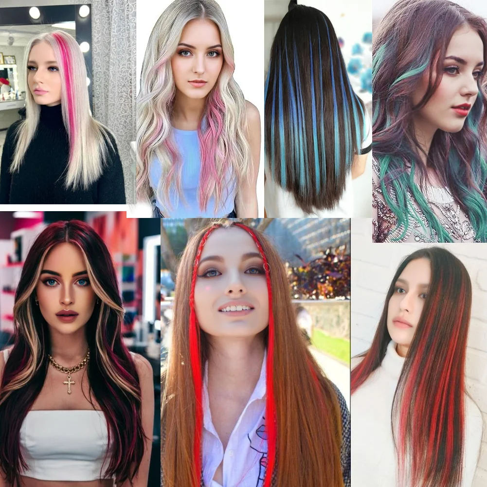 10PCS/Pack Colored Party Highlights Clip in Hair Extensions for Girls 22 Inches Omber colors Straight Hair Synthetic Hairpieces