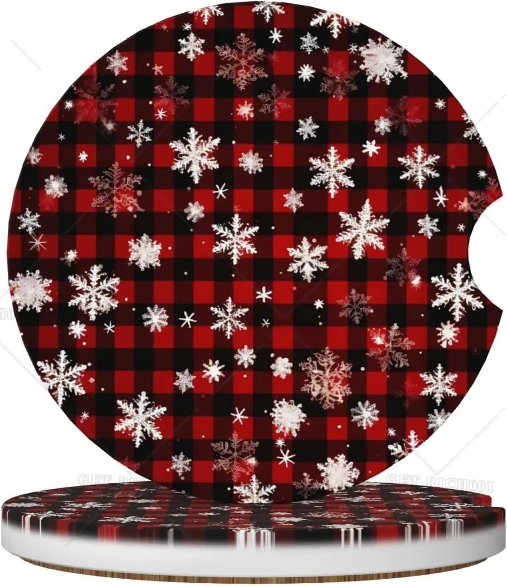 

Christmas Snowflake Buffalo Plaid Car Coasters for Cup Holders Absorbent Ceramic Cork Coaster 2PCS for Women and Man