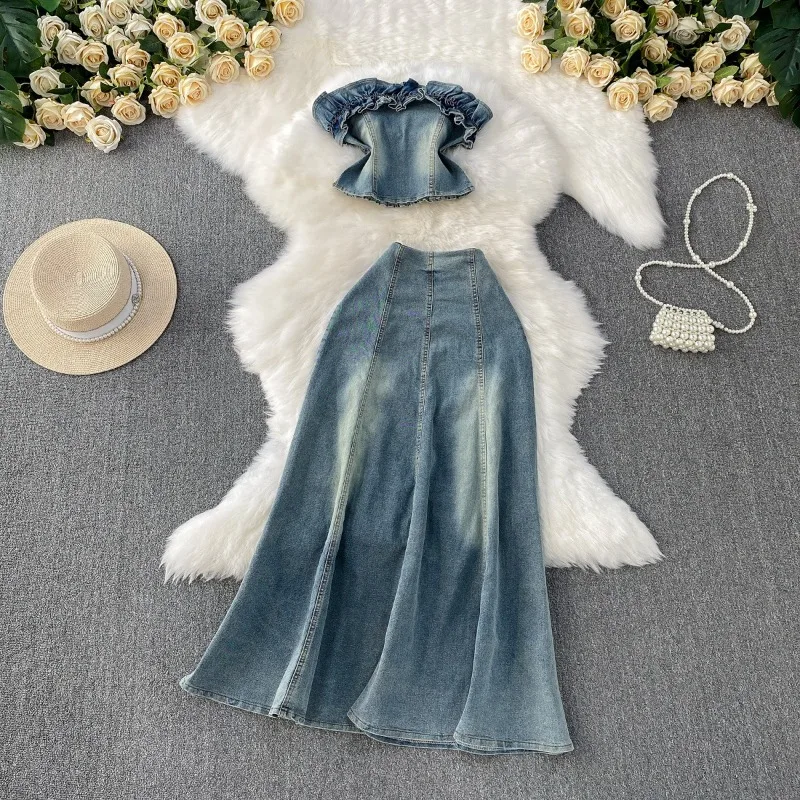 Conjunto de Falda Vaquera para Mujer, 2 Piezas, Top Corto, Falda Larga, Estilo A, Top Tubo sin Tirantes con Volantes, Falda Larga Maxi Vaquera, Conjunto Combinado Y2K