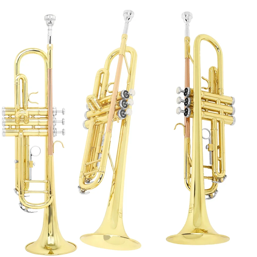 Phosphorus Gold Bb Standard Trumpet Set Brass Student Beginners Trumpet Instruments with Box 7C Blowing Nozzle Gloves