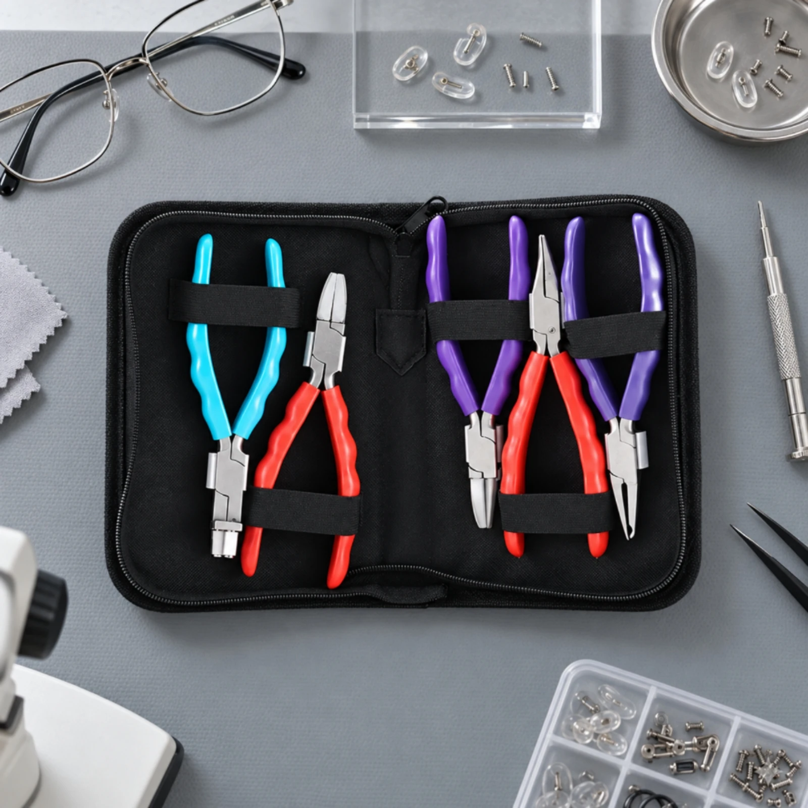 6 Pieces Eyeglass Repair Plier with Carrying Case Non-Slip Eyeglass Repair Plier Optical Pliers One-Handed Use for Opticians