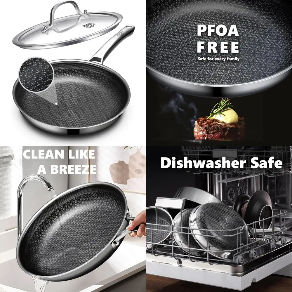 

12 Inch Nonstick Hybrid Frying Pan with Lid - Dishwasher and Oven Safe Stainless Steel Skillet for Easy Cooking