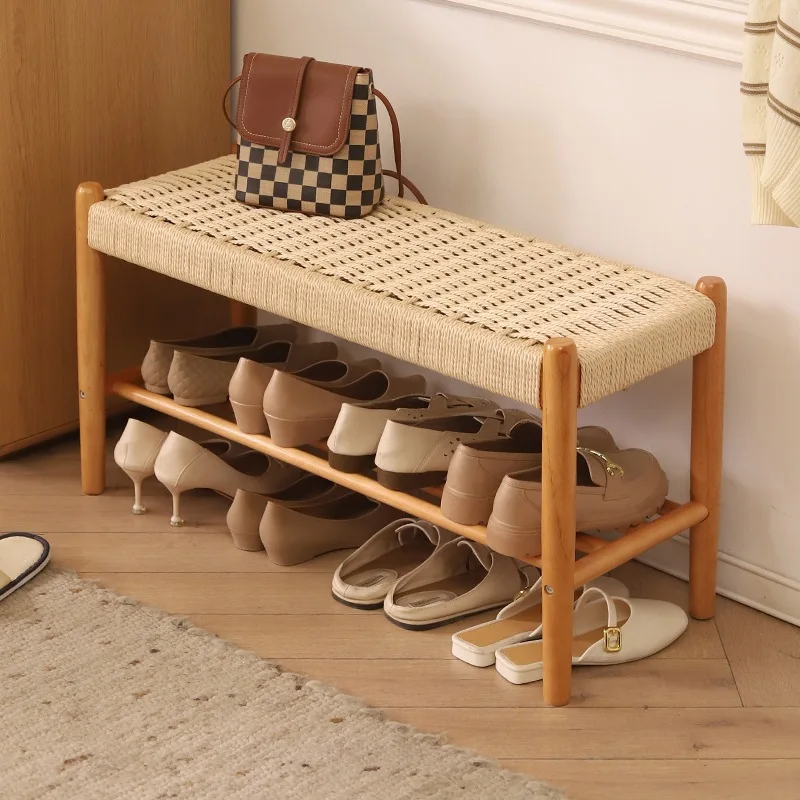 Nordic Solid Wood Shoe Changing Stool Rope Woven Bench Multi Functional Storage Rack Decorative Ottomans with Storage Space