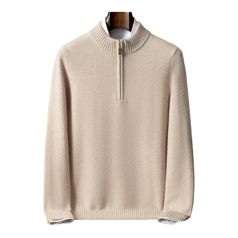 

100% Pure Cashmere Sweater Men Half Open Collar Thickened Sweater Casual Loose Solid Color Outerwear Pullover Knitted Base Shirt