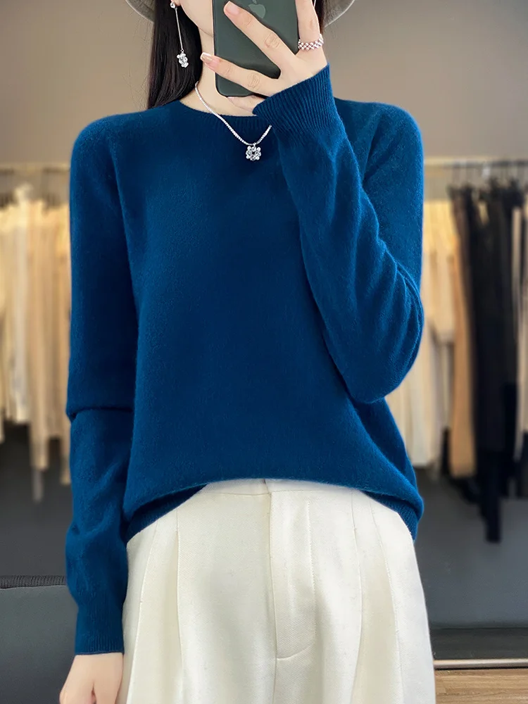 Casual feminino outono inverno pulôver camisola sólida quente macio o-pescoço 100% lã merino conforto de malha roupas básicas topos
