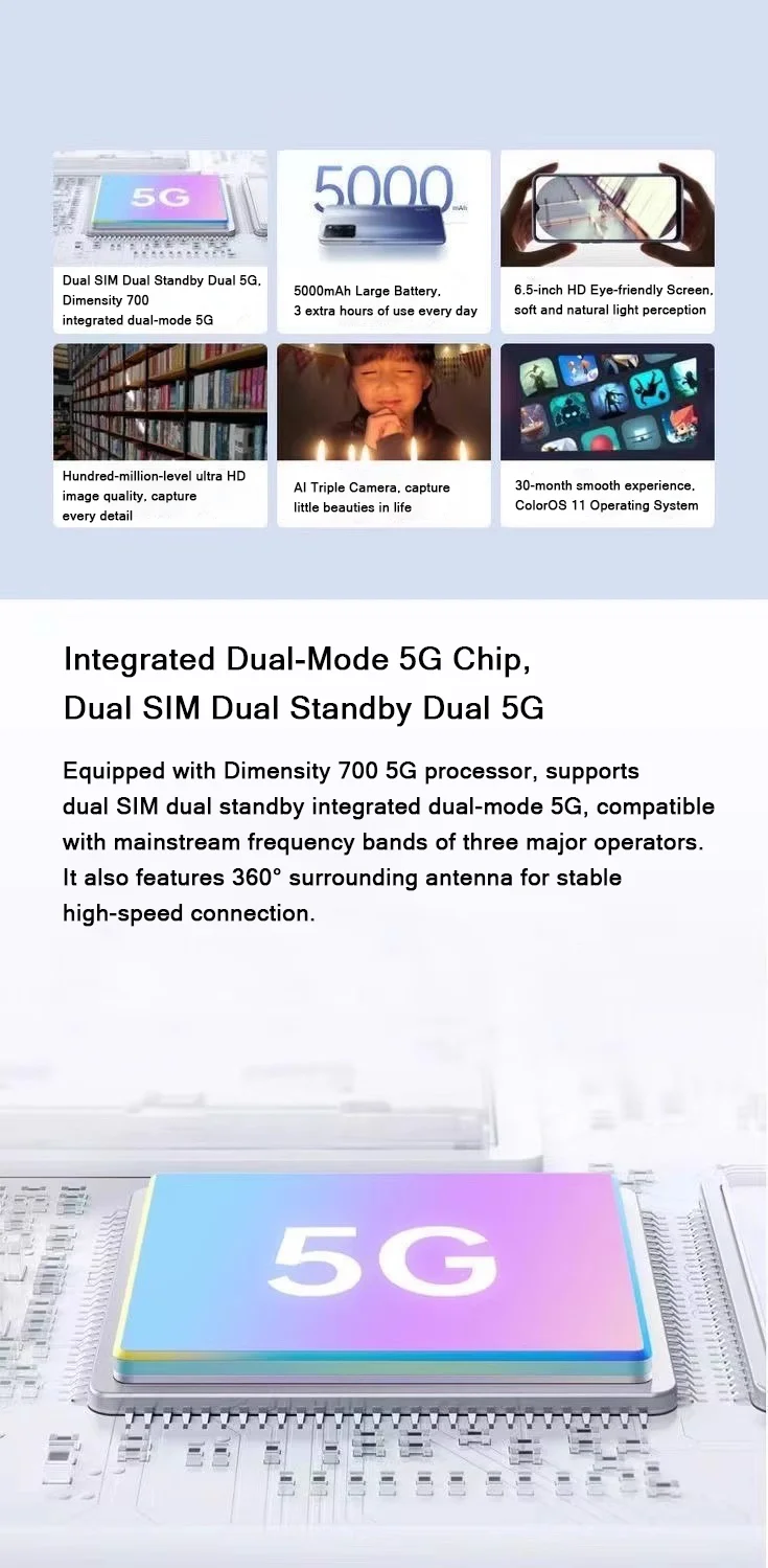 5G LTE OPPO A55 6.52" Display 8+256GB 13MP AI Main Cam 5000mAh Battery 18W Fast Charge New Arrival Dual SIM Unlocked Smartphone