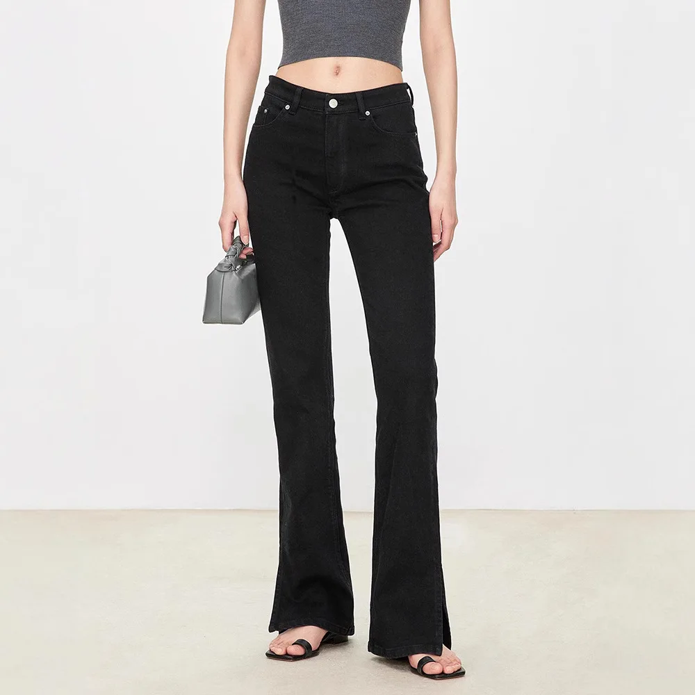 Vaqueros acampanados de mezclilla a la moda para mujer altos clásico azul negro adelgazante ajuste elegante con aberturas laterales pantalones acampanados elásticos 99% algodón
