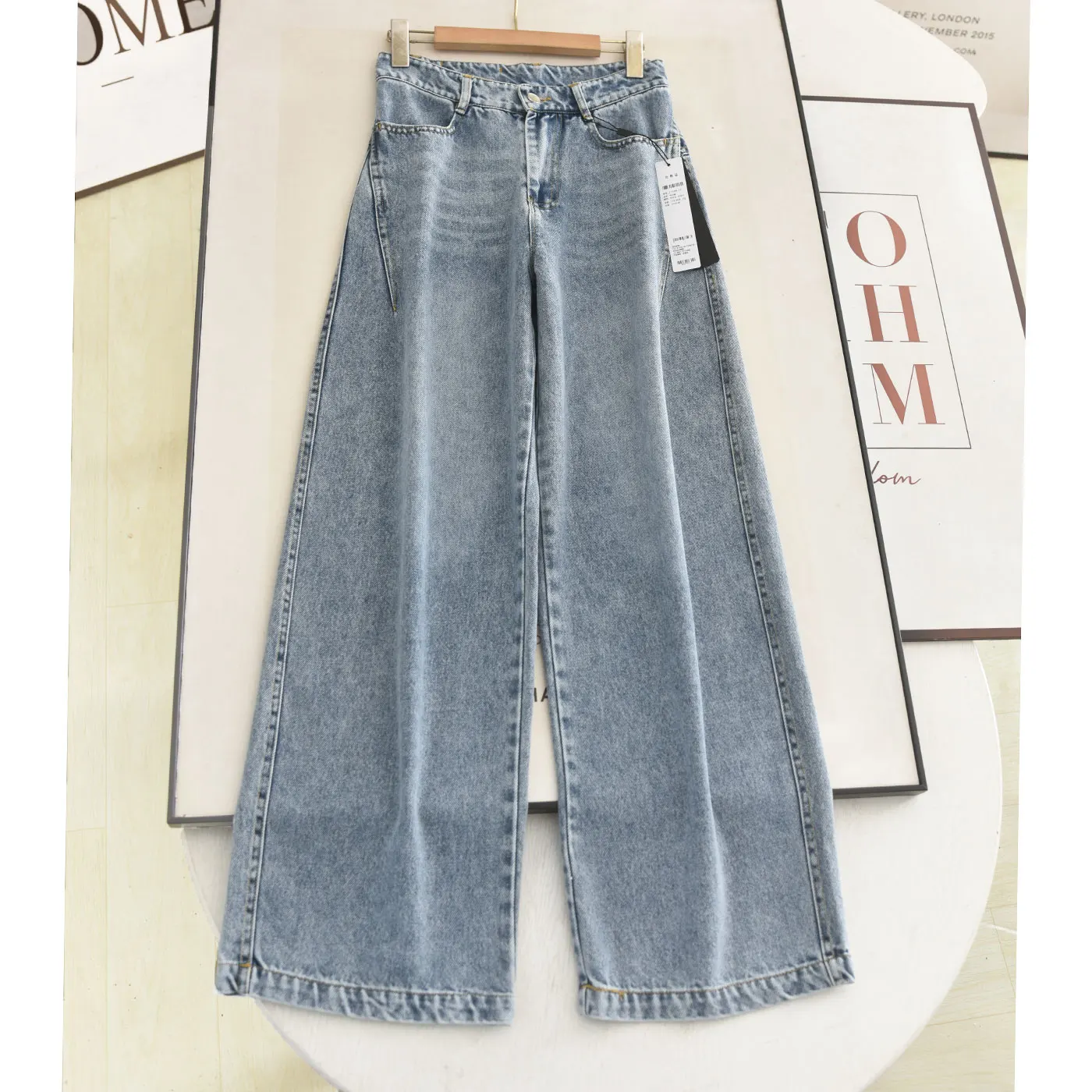 

High Waist Straight Leg Blue Jeans Slimming Wide Leg Pants Ele Simple Design Spring New Arrival Women's Faion