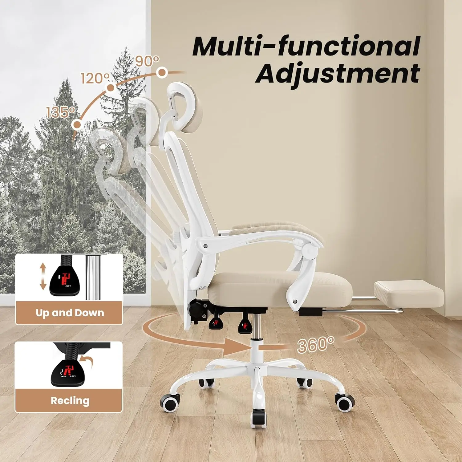 Ergonomic Mesh Office Chair with Headrest, Adjustable Lumbar Support, Footrest, Swivel Computer Chair for Home Office, White/Kha