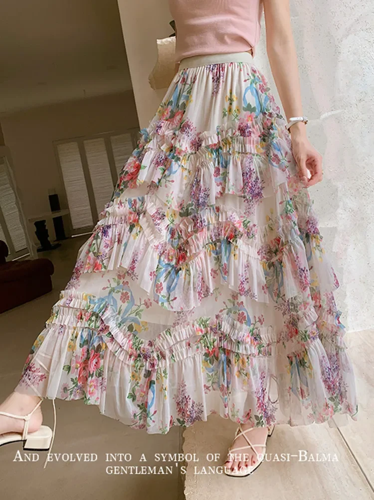 French Vintage Ruffles Splicing Mesh Skirt Female Summer New Women\'s Floral Print Colorful Puffy Cake Long Skirts