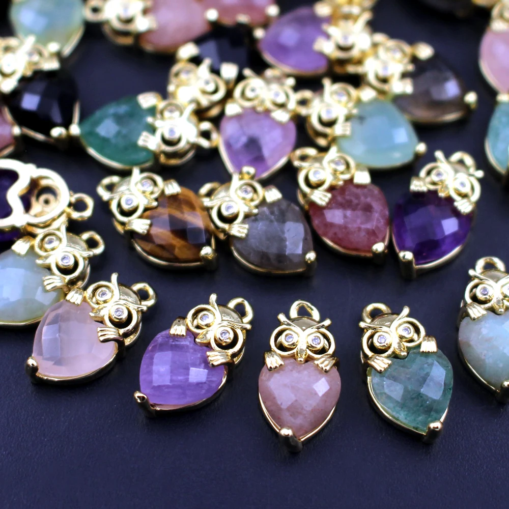 

10 шт. DIY ювелирные аксессуары в форме совы натуральный лабрадорит камень зеленый нефритовый камень кулон CZ подвески