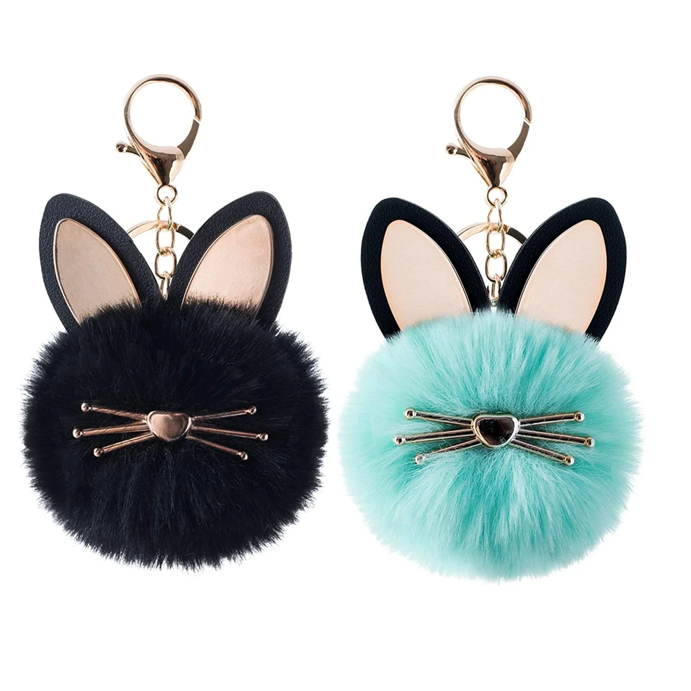 Fluffy Rabbit Fur Ball Cat Head Keychain Pompom Key Chain Imitation Rabbit Hair Keyring Holder Bag Charm Trinket Chaveiros