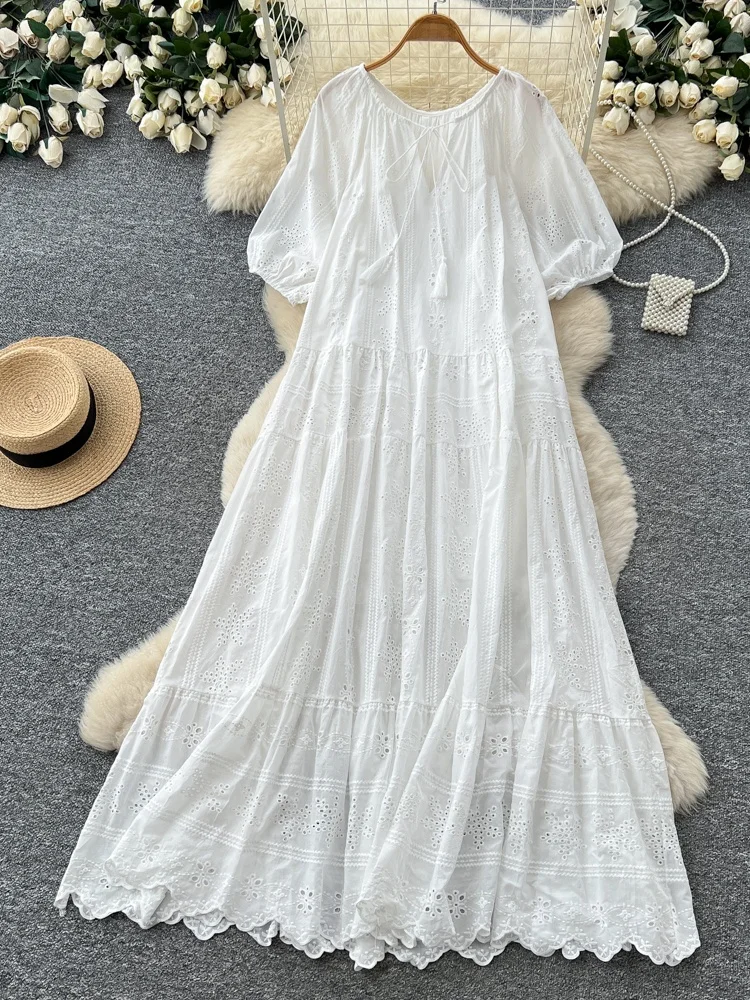 

Elegant White Lace Hollow out Dress Women's Summer Loose A-Line Long Dress Slimming High Waist Korean Style Commute Dress