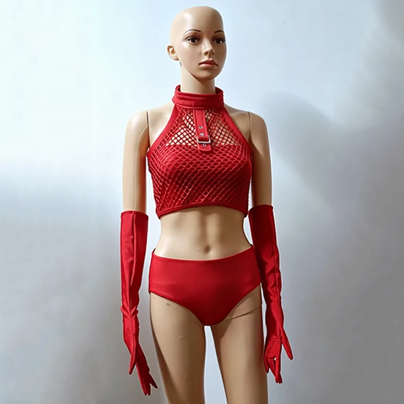 Gogo Dance Costume Women Sexy Red Mesh Top Shorts Gloves Nightclub Bar Clubwear Party Show Rave Outfit Stage Clothing VDL5709