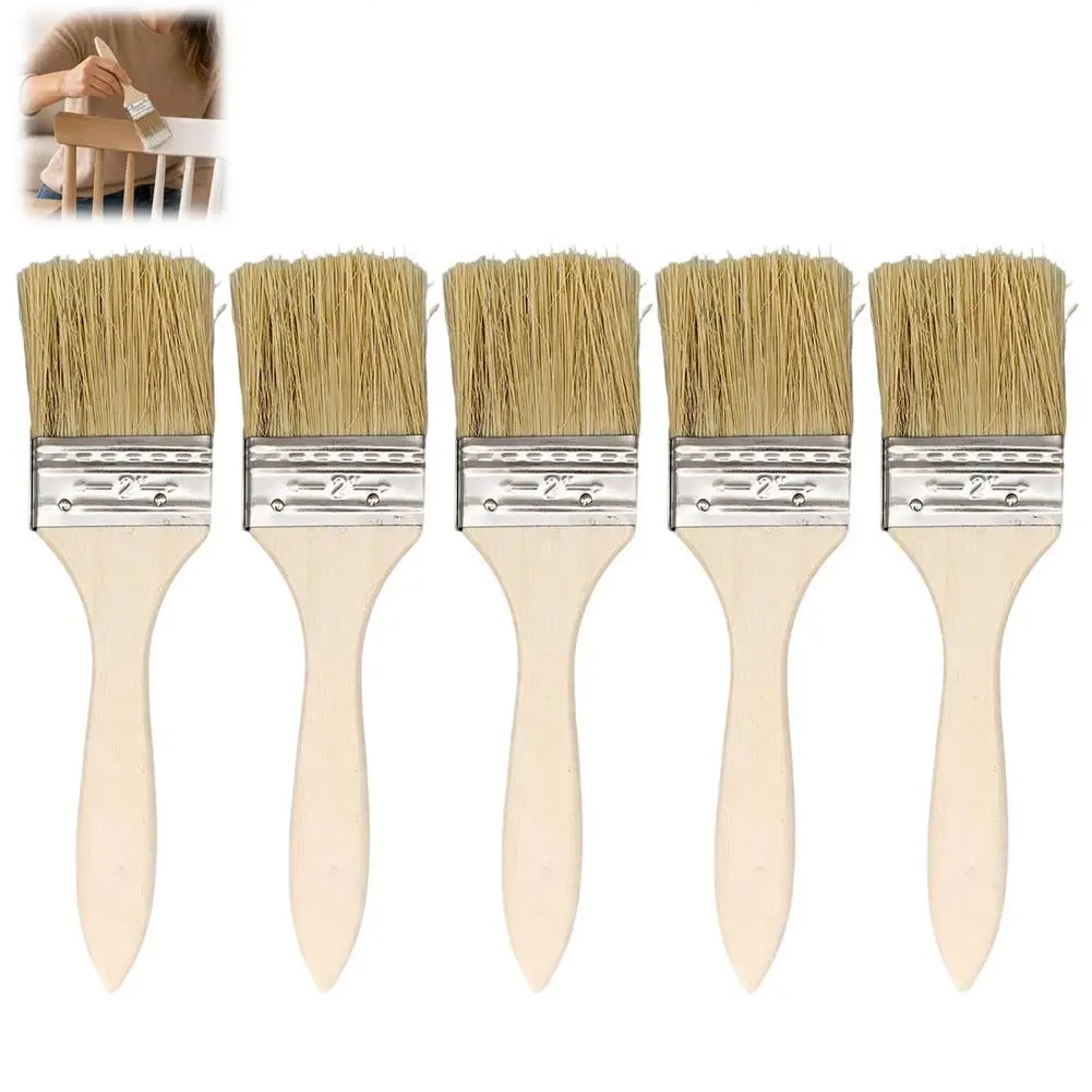 5Pcs Wooden Paint Brushes Set Flat Chip Paint Brushes Light Beige Wood Handle Wall Trim Brushes for Furniture Painting Cabinets