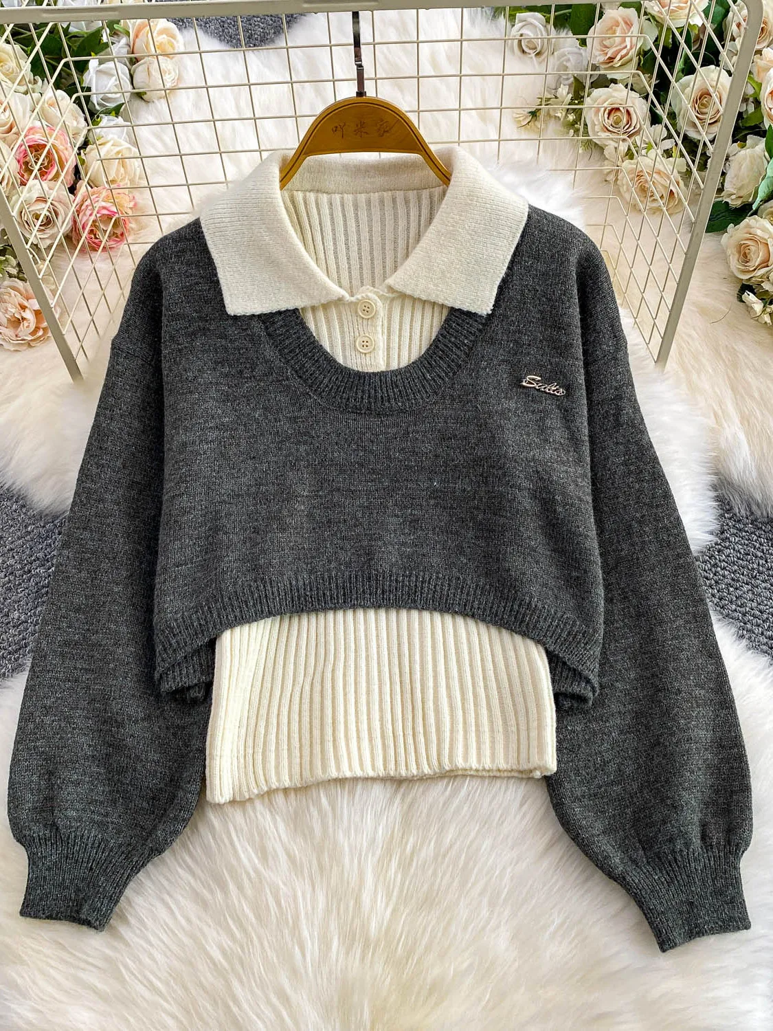 Koreanisches Sle ort rundes Ne-Strickpullover-Set, schmale Passform, elastisches blaues Top und Weste-Outfit, lässige Herbstkleidung für Teenager