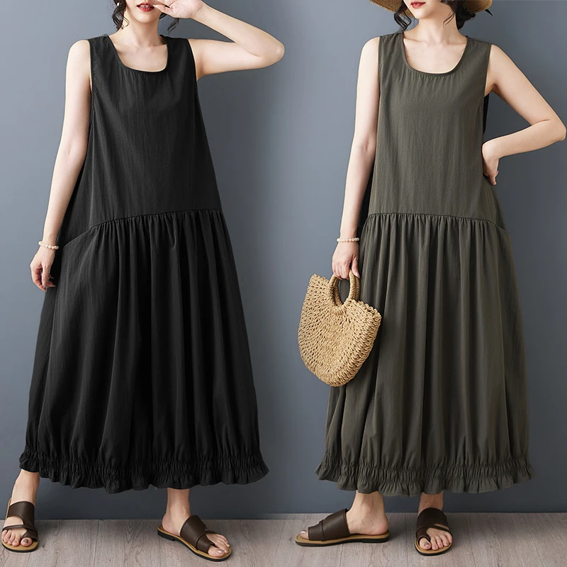 

Summer plus Size Sleeveless round Neck Loose Long Dress Purple Design Flower Bud Skirt Knee-Length Pure Color Casual Dress