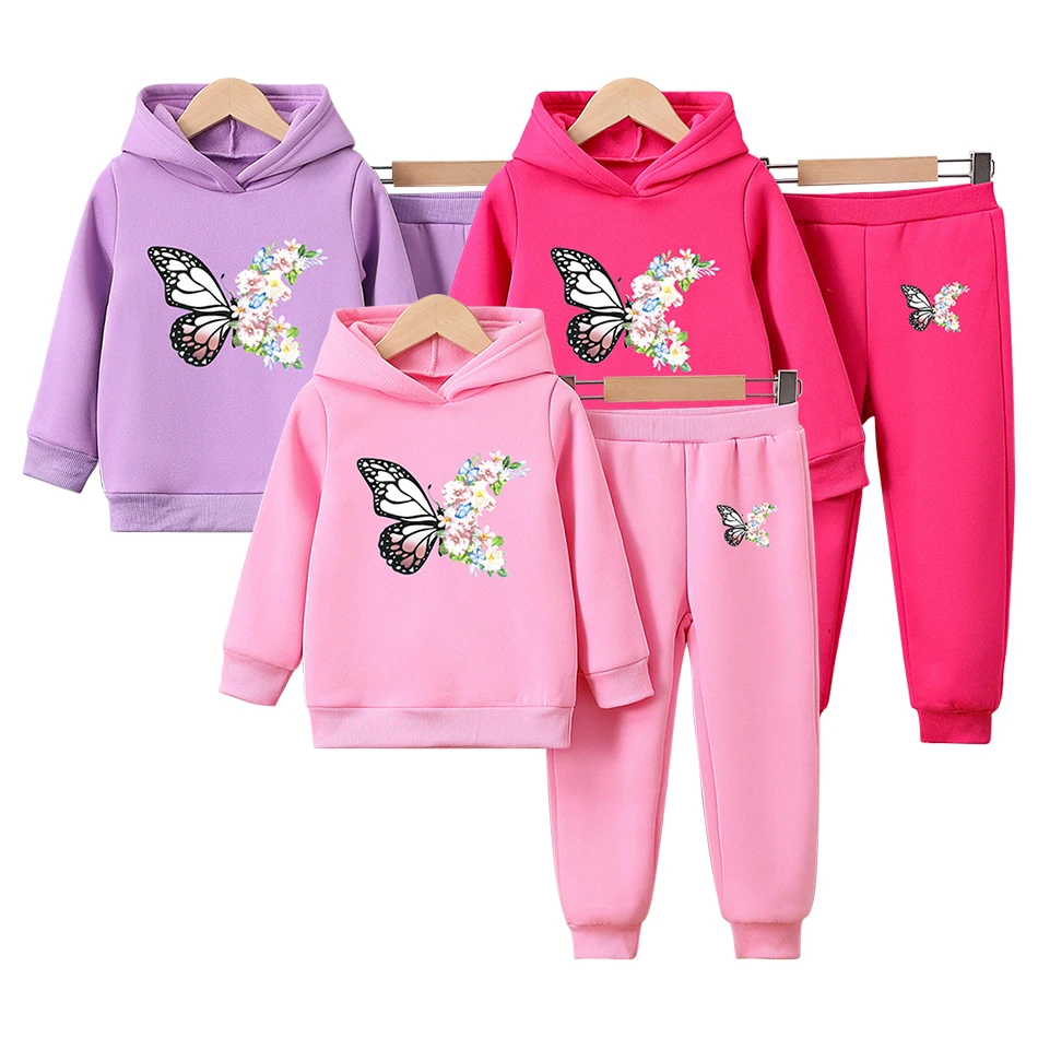 Chic and Warm Girls Hoodie and Long Pants Sets with Delicate Butterfly Printed Comfort and Stylish Choice for the Entire Family