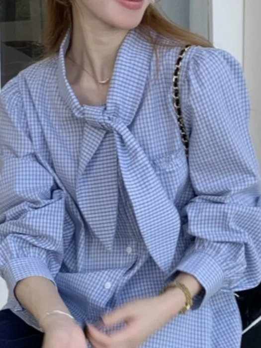 

Корейская женская блузка ранней осени irt Bubble Long Sve Tie Ne с дизайном на одной пуговице, свободная посадка из полиэфирного волокна