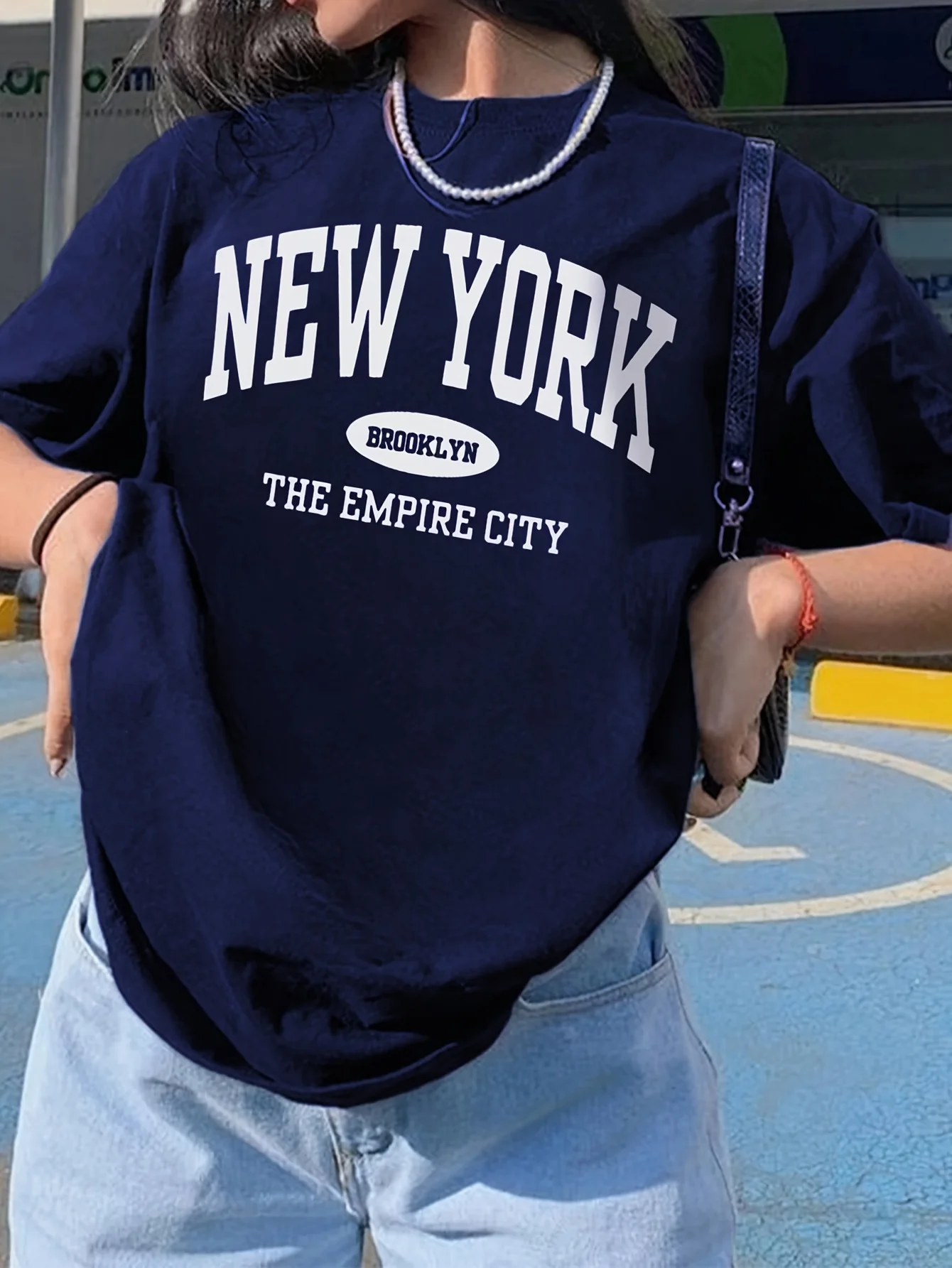 

Brooklyn New York 1980 Pattern Printed T-shirt Navy Blue Casual Sport Round Neck Sg/Summer Women's Top Opaque Fabric