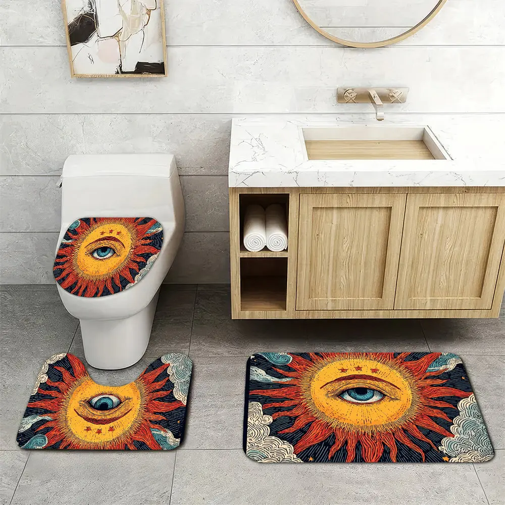 

3pcs Bathroom Floor Mats Set, A Sun with an Eye in The Center A Moon And Stars on Its Surface Print, Super Soft, Non-Slip Backin