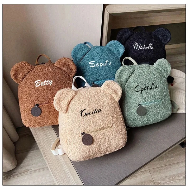 Beautiful personalized women\'s cute bear pattern plush baby backpack, small casual single shoulder day bag