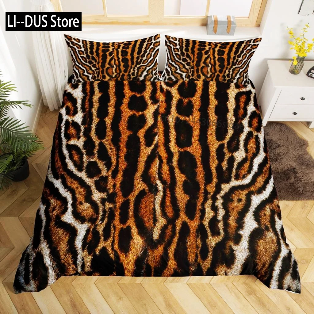 

Leopard Print Duvet Cover Set Queen Size Red Floral Petal Pattern Comforter Cover Branches Green Leaf Cheetah Print Quilt Cover
