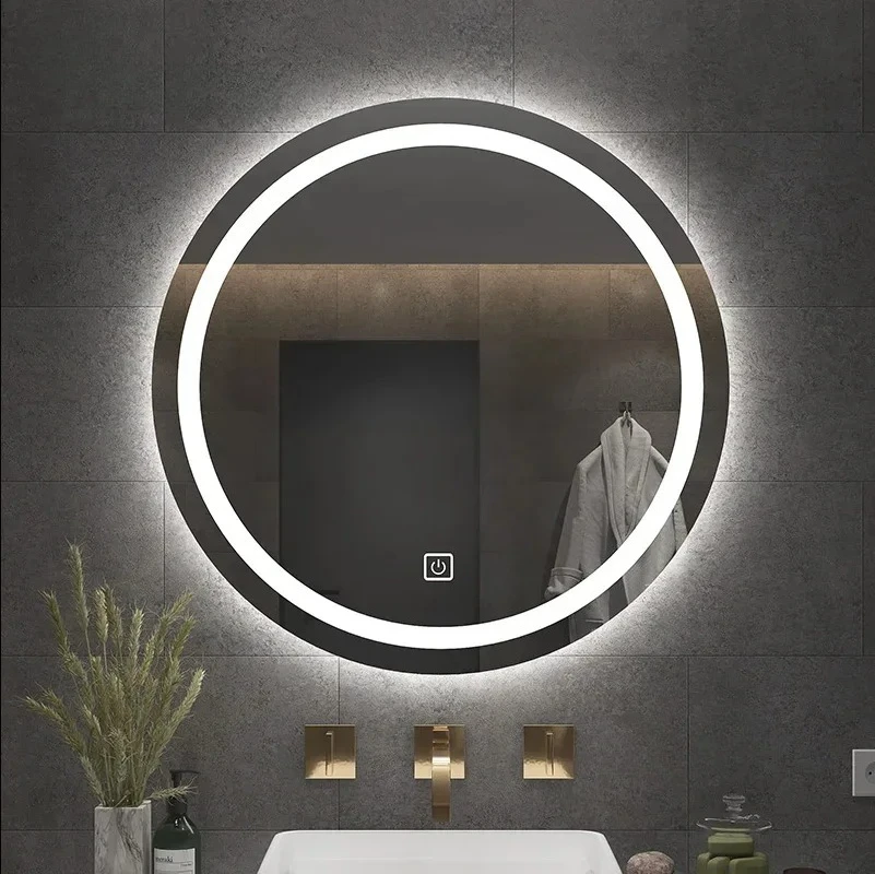 Nordic LED Round Bath Mirrors Toilet Vanity Makeup Mirror with Light Anti-fog Touch Sensor Luminous Mirrors Home Bathroom Mirror