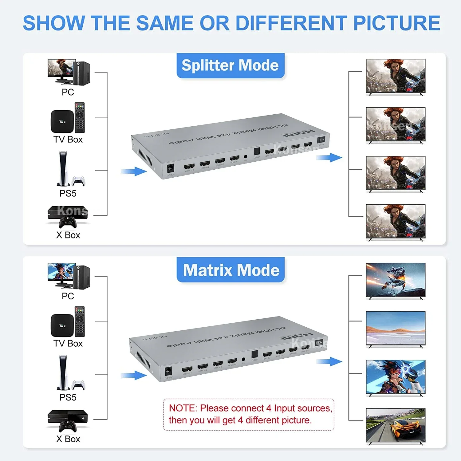 Imagem -04 - Hdmi Matriz Switch 4x4 com Extrator de Áudio em Saídas Hdmi 2.0 Matriz Switcher Divisor Caixa Seletora Hdr Hdcp2.2 18gbps 4k @ 60hz