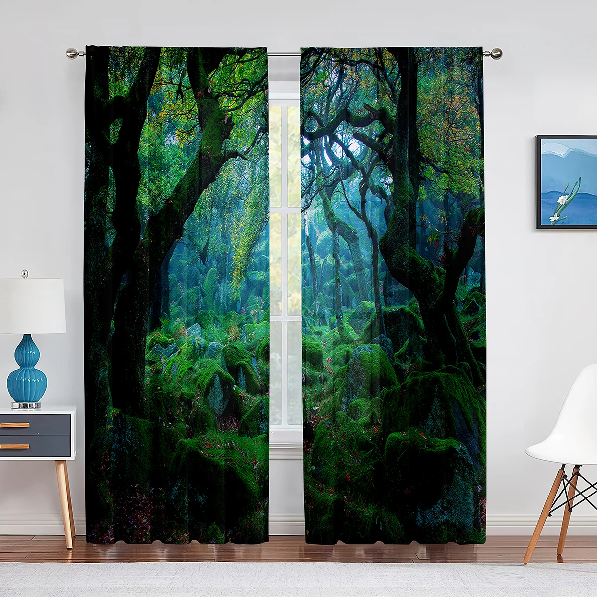 Forest Sheer Voile Curtain Nature Green Tree Stone Landscape Scenery Jungle Tulle Curtains for Bedroom Living Room Kitchen Decor