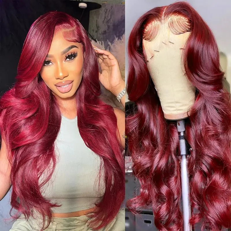 

99J Lace Front Wigs Human Hair for Women Burgundy 13x4 HD Lace Frontal Wigs Burgundy Body Wave Human Hair Wigs 180% Density