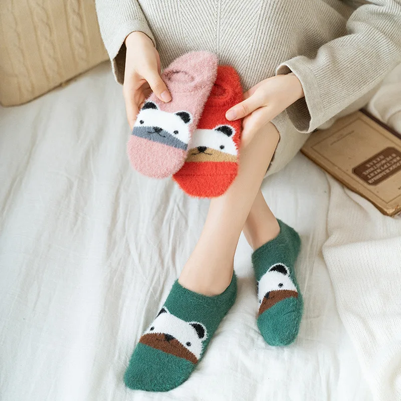 Random 3 Pairs Women's Autumn Winter Socks Imitation Mink Velvet Cartoon Shallow Mouth Cute Nylon Invisible Boat Sock Warm Floor