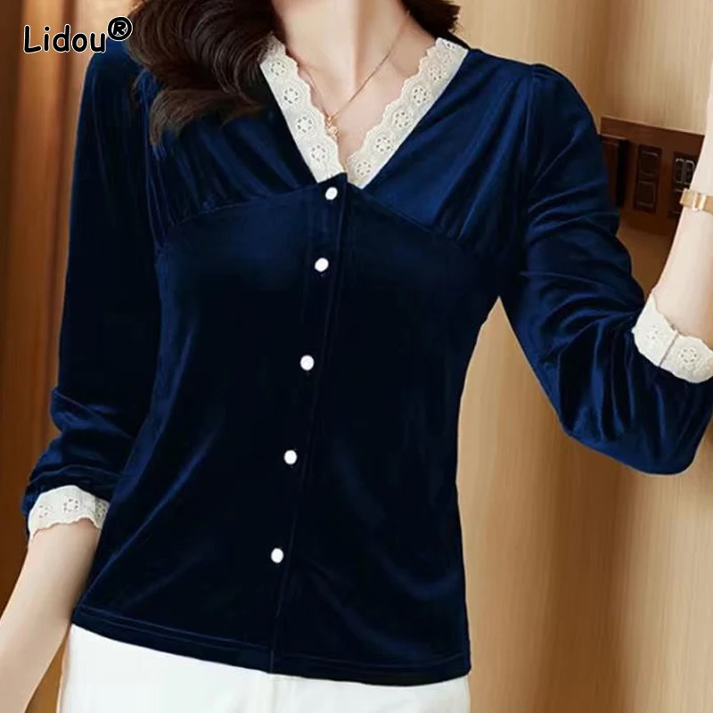 Temperament Skinny Premium V-neck Button Patchwork Ruffles Autumn Winter Thin Casual Solid Vintage Women's Clothing Dignified