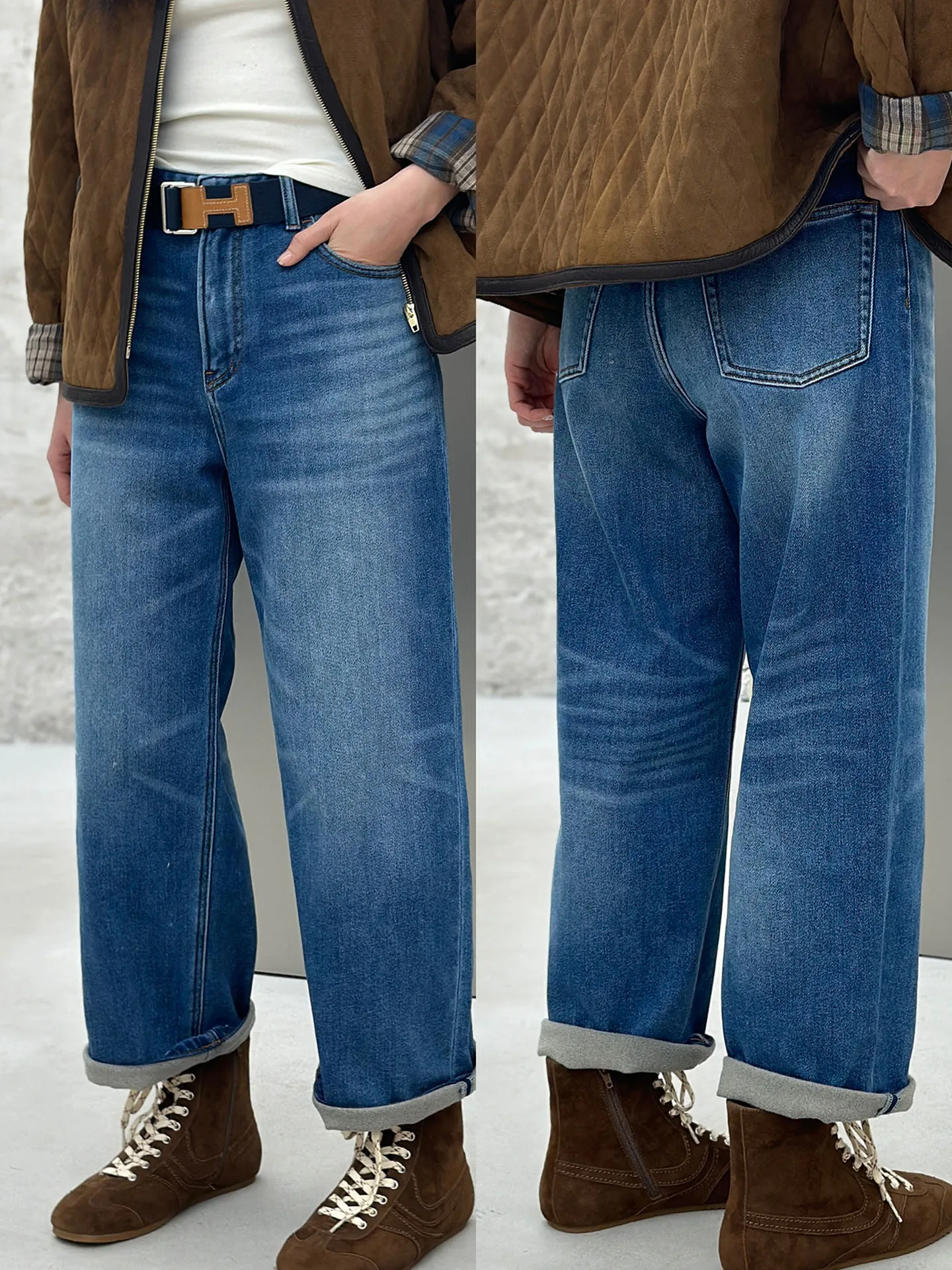 

Зимние прямые джинсы Thiened для женщин: модные, простые, из состаренного денима, с высокой талией, хлопковые, теплые, повседневные брюки