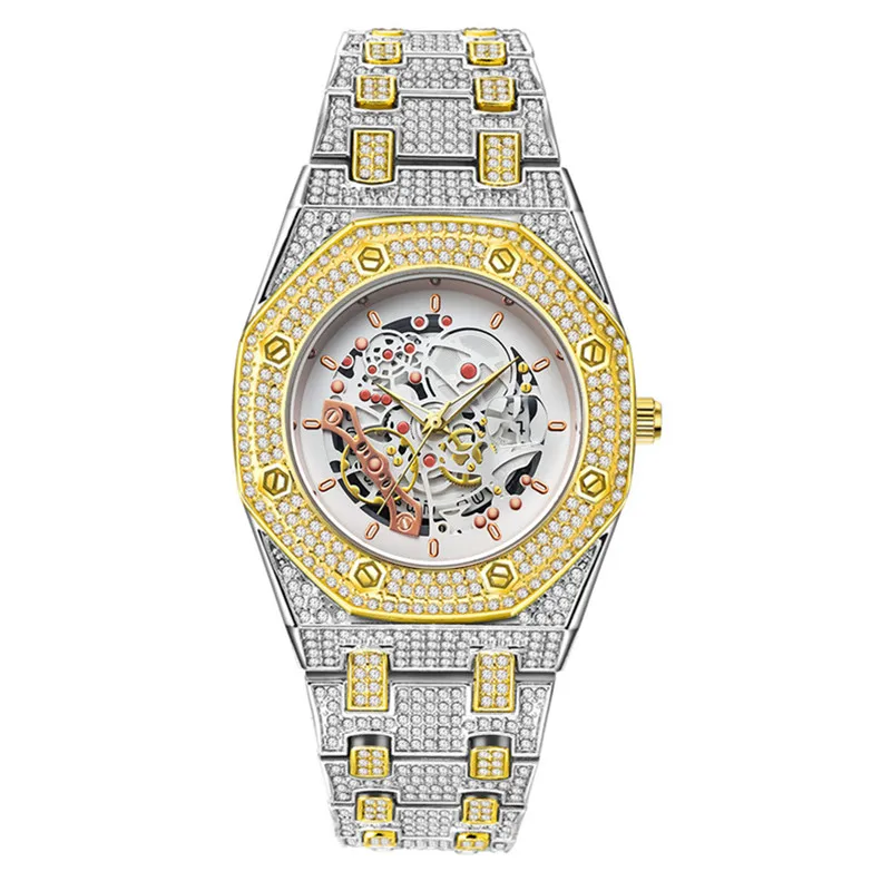 

Мужские оригинальные часы известного бренда, серебряные модные часы из сплава с бриллиантами в стиле хип-хоп, роскошные часы со скелетом и датой, Relogio Masculino Ouro