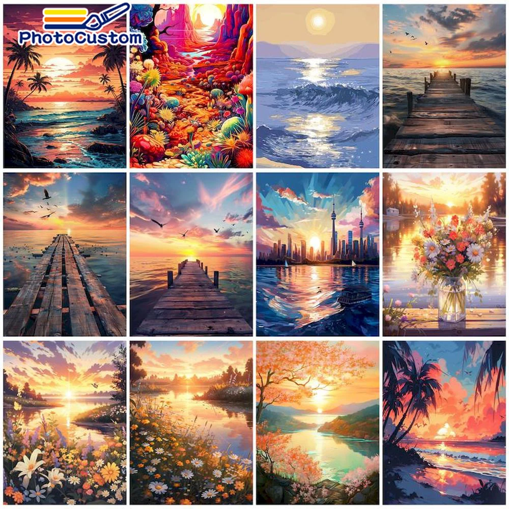 

PhotoCustom DIY Paint By Numbers Complete Kits Acrylic Paints Seascape On Canvas Coloring By Numbers Sunset Handicraft Home Deco