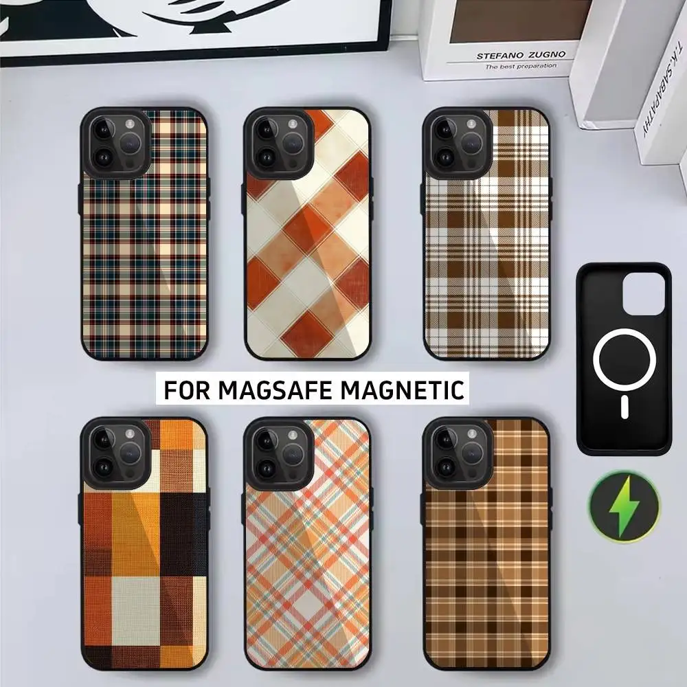

Retro Plush Line Plaid Phone Case For iPhone17,16,15,14,13,12,11 Plus,Pro Max Magnetic For Magsafe Wireless Charging