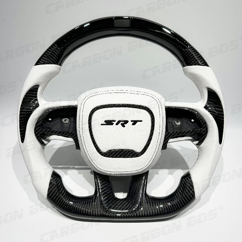 LED White Leather Forged Carbon Fiber Steering Wheel for Dodge Challenger SRT Charger Hellcat Grand Cherokee Automotive Interior