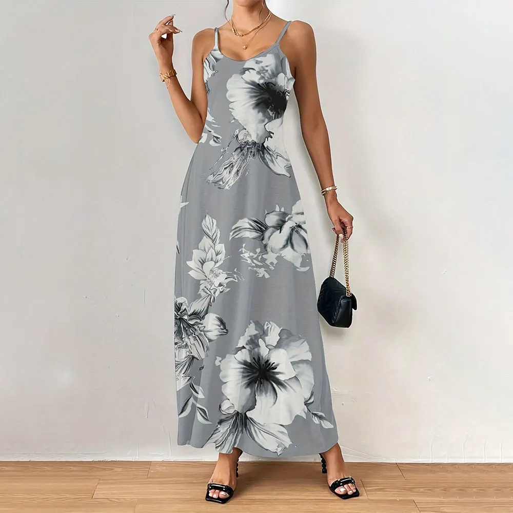 

Women'S Summer Dress V-Neck Spaghetti Strap Ultra Long Dress Fashion Floral Digital Print Dress Hawaiian Vacation Casual Wear