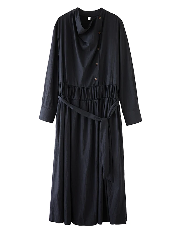 Ele تصميم فضفاض ربيع الخريف جديد Sle f ذوي الياقات العالية مطوي لصق منتصف طول التخسيس Dr Cotton irt Dr