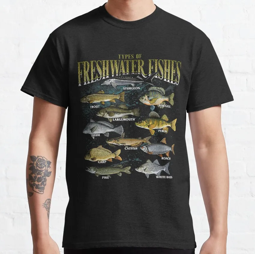 Types of Freshwater Fish Bass Fly Fishing Angler Fisherman Graphic T Shirt Unisex Cotton Short Sleeve Outdoor Hobby Casual Tops