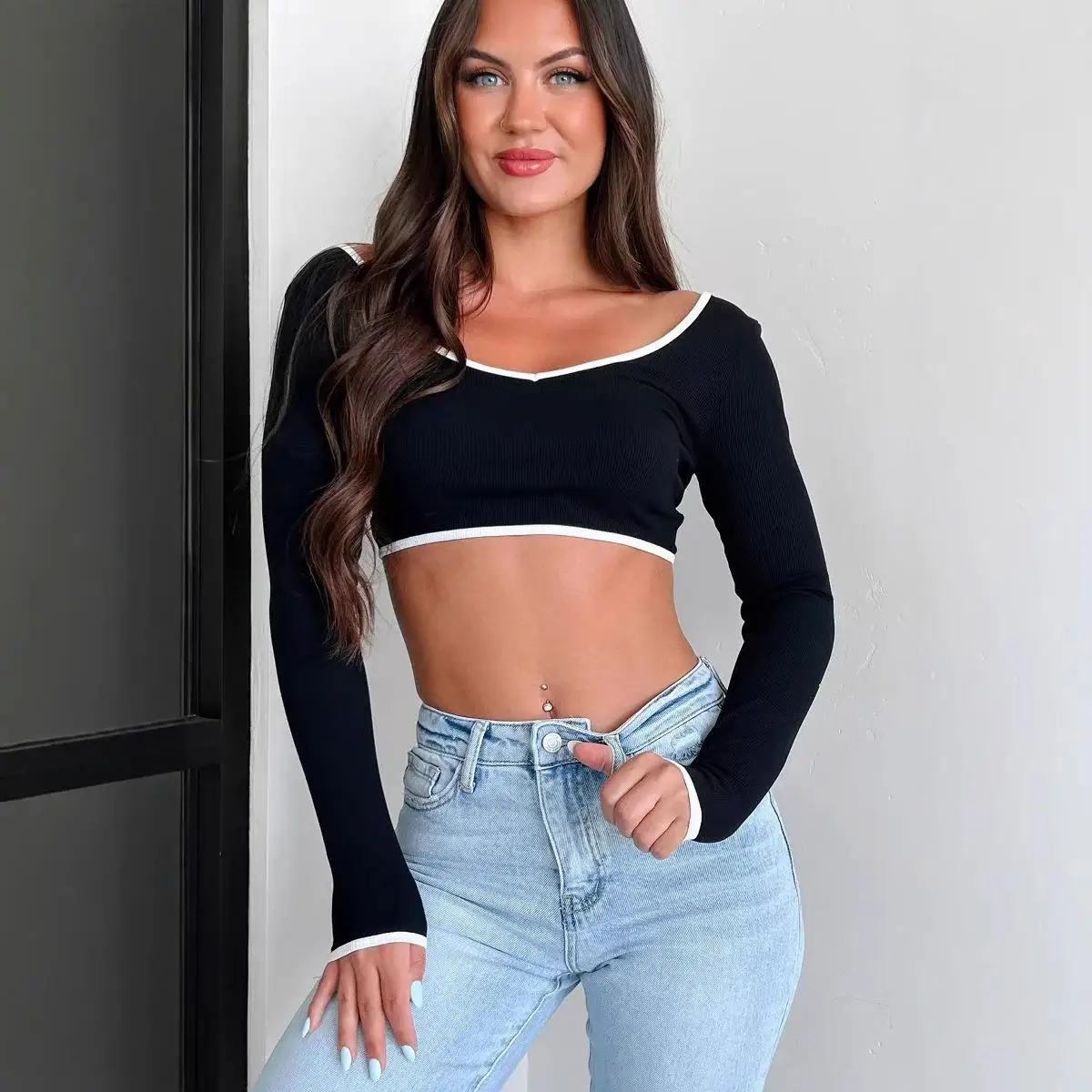 

Long Sve irt Women's Knitted Top Polyester Fiber ort Length Striped Pattern Spring 2025 Regular Sve Fit Single Piece
