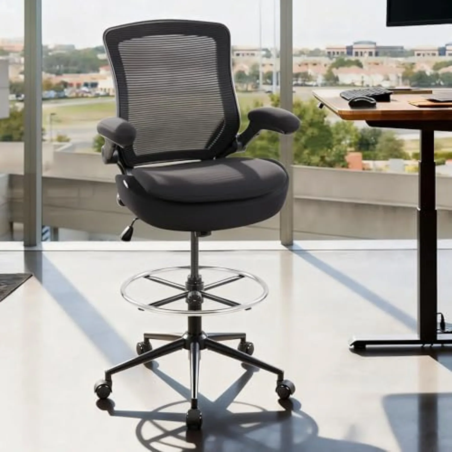 Drafting Chair Tall Office Chair for Standing Desk, Double Layer Thickened Seat Cushion with Flip-up Arms, Ergonomic