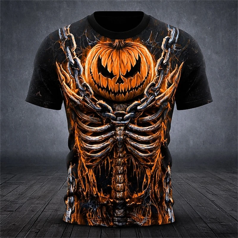 2026 Men's New Halloween Pumpkin and Bat Print Short-Sleeve T-Shirt Men's Round-Neck Casual Top Perfect for Parties and Holidays