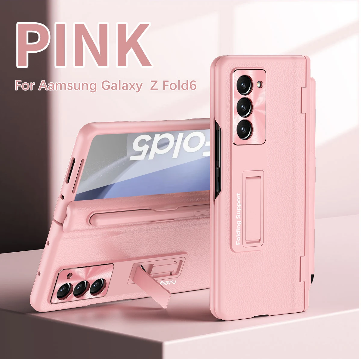 

For Samsung Galaxy Z Fold 6 5 4 3 Case Luxury Matte Leather Bracket Folding Hinge With Pen Slot Screen Film Protector Hard Cover