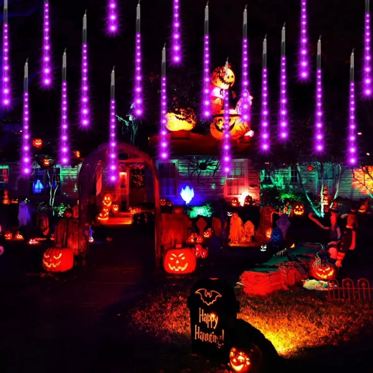 1PC Meteor Shower Rain String Lights Solar Powered Halloween Atmosphere Waterproof Drop Icicle Light Suitable For Holiday Decor