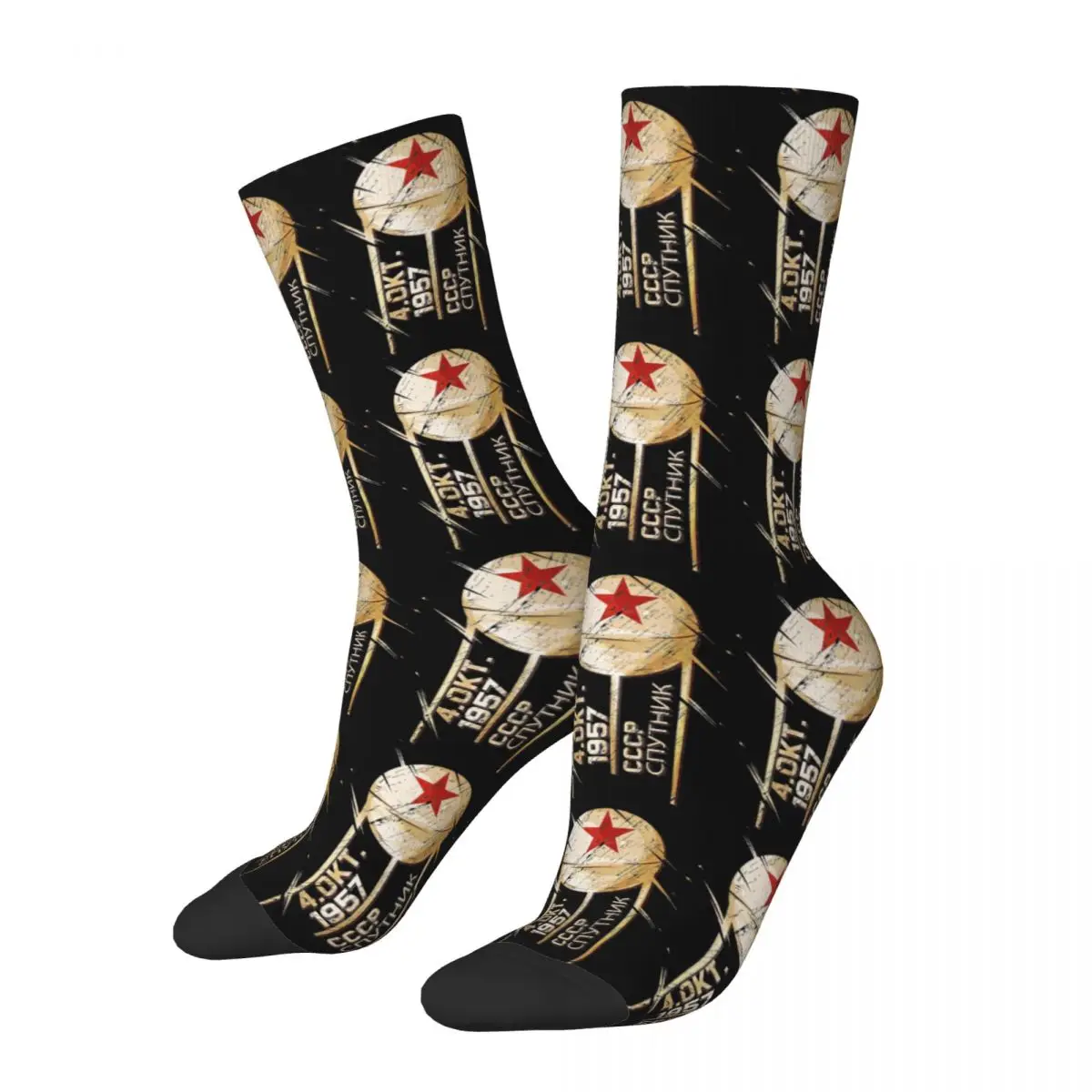 Harajuku CCCP Sputnik Space Satellite Skateboard Socks Russian Soviet Polyester Middle Tube Socks for Unisex Sweat Absorbing