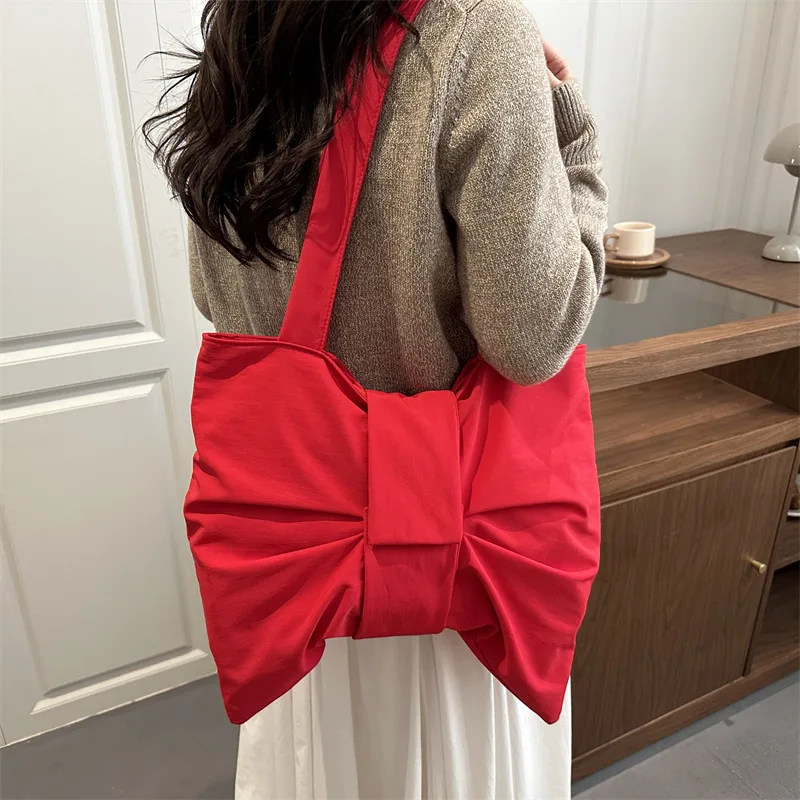 

Korean Retro Solid Color Pleated Bow Shoulder Bags for Women Large Capacity Ladies Tote Bag Simple Student Handbags with Zipper