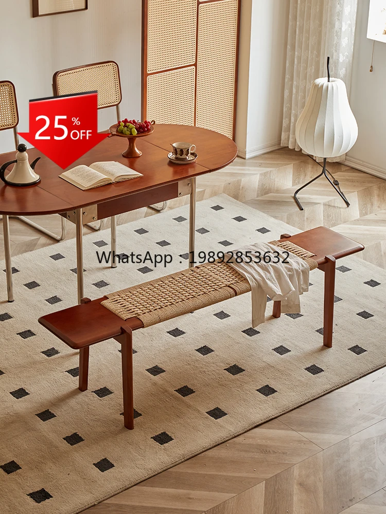 

LYY Solid Wood Long Stool Living Room Vintage Home Rope Woven Dining Table Long Stool Nordic Mid-Century Bedroom Bedside Stool