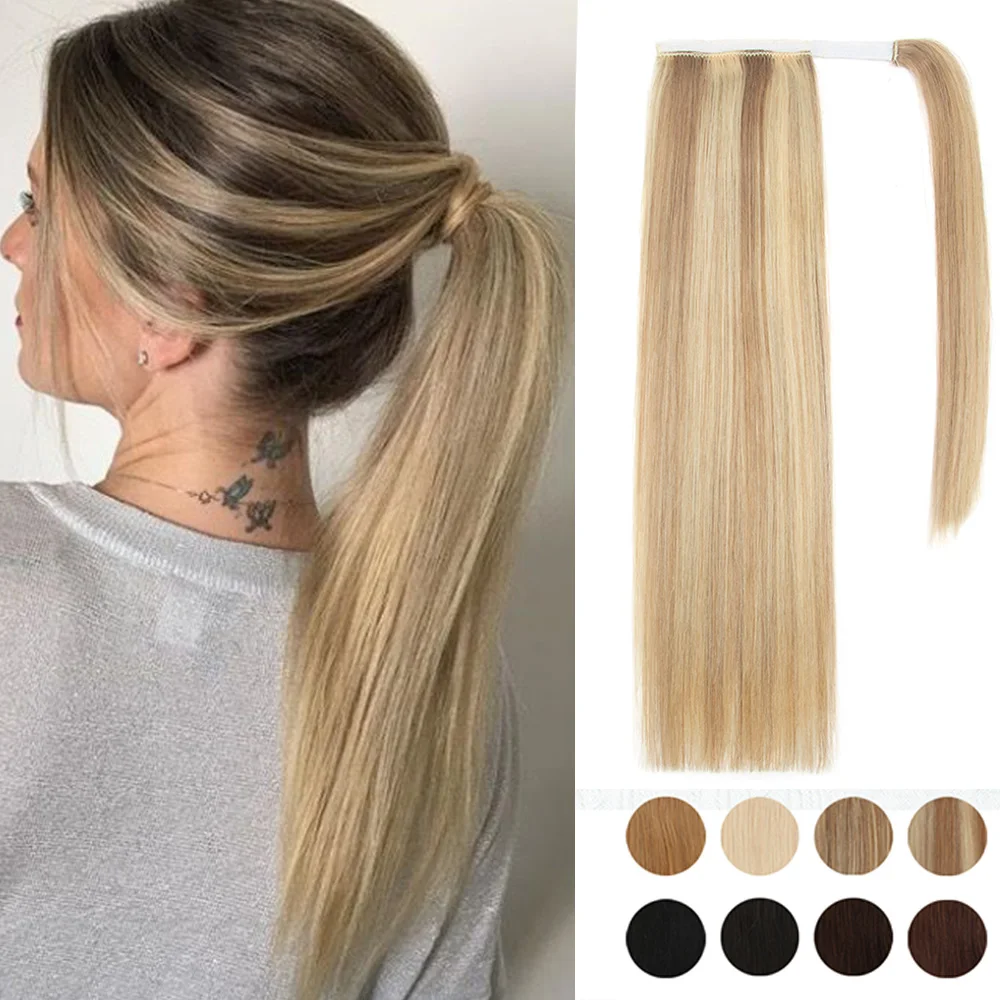 

Long Straight Ponytail Human Hair Natural Black Blonde Brown Wrap Around Clip In Ponytail Remy Brazilian Human Hair Extensions